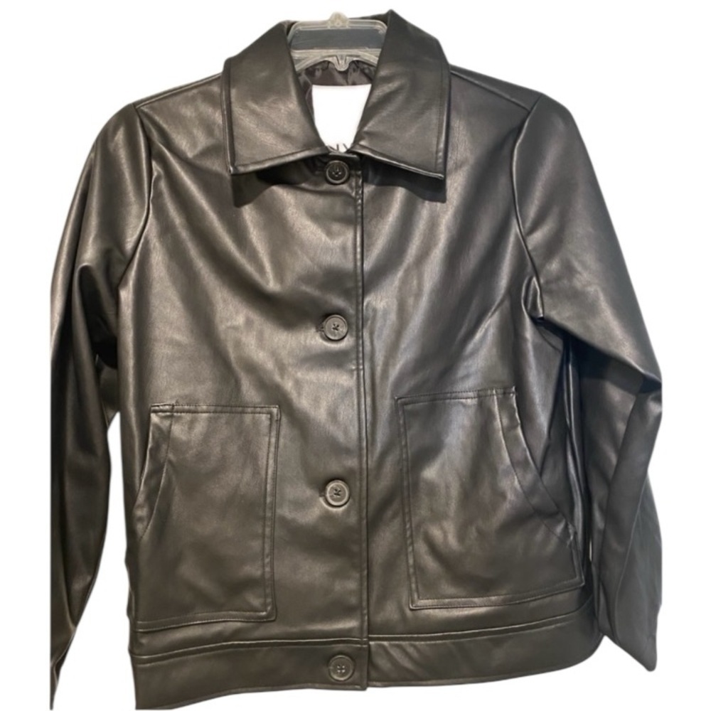 Anthropologie NVLT WomenBlack Vegan Leather Jacket Collar Buttons Pockets New M